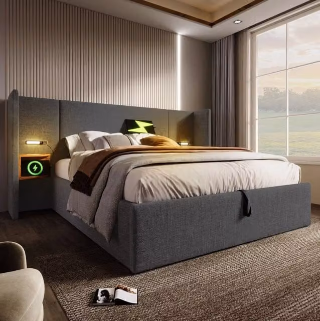 Letto matrimoniale MODFU con contenitore e testiera con luce integrata e porte USB/Type-C, grigio, L: 180 cm, P: 200 cm