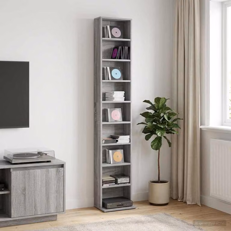 Mobile per CD vidaXL Sonoma grigio con ripiani regolabili L 33 cm, P 23,5 cm, H 175 cm