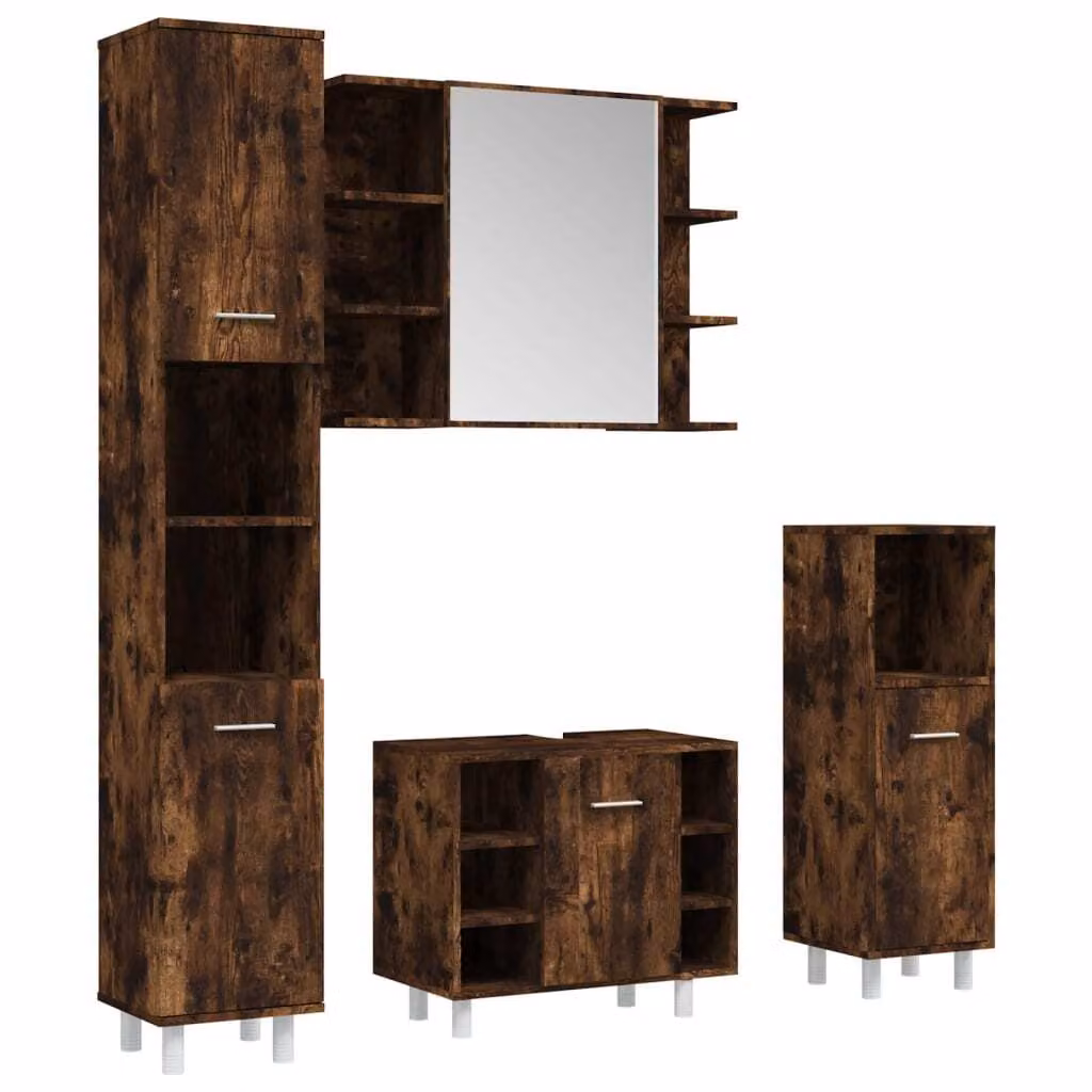 Set Mobili da Bagno 4 pz Rovere Fumo in Legno Multistrato