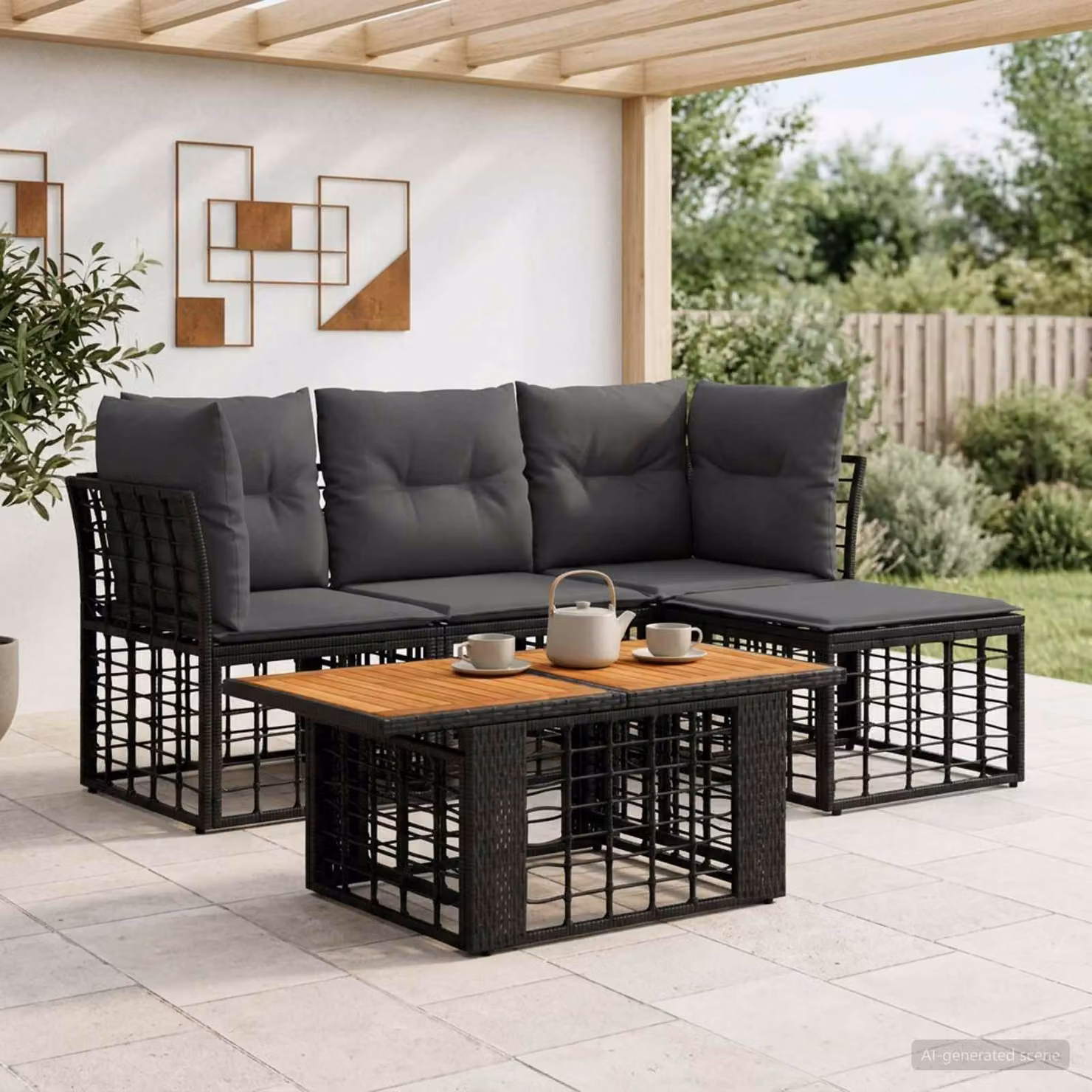 Set Divano da Giardino vidaXL 5 Pezzi in Polyrattan con Cuscini, Colore Nero e Grigio