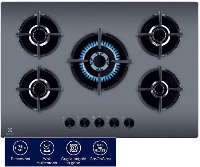 Piano cottura a gas Electrolux EGG75372M Serie 600 da incasso con 5 fuochi, vetro specchiato nero e argento, L: 74 cm, P: 51 cm