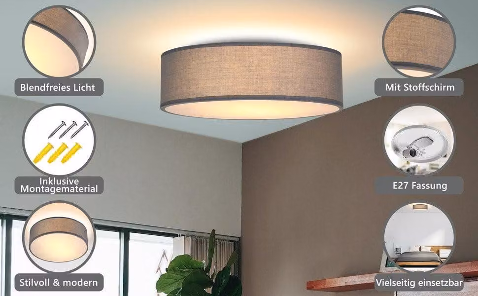Lampada da soffitto in tessuto 30 cm grigio, attacco E27, 40W max