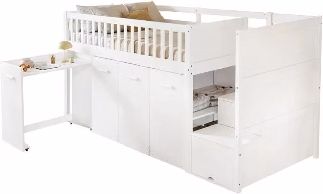 Letto a castello multifunzione REDOM per bambini con scrivania, armadi e scale, colore bianco, L/P/H: 200 x 90 x 175 cm