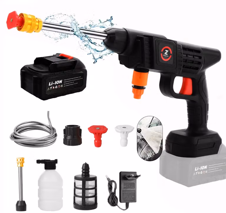 Idropulitrice portatile - Pistola a getto d'acqua senza fili - 50 bar - 21 V - 1 batteria - Tubo flessibile per l'acqua da 5 a 10 metri - Set B
