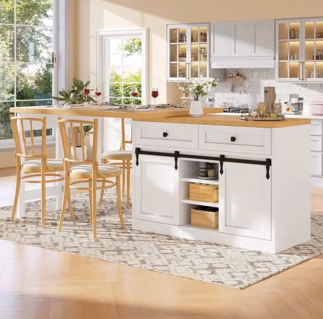 Isola cucina ULEVR girevole 120-197x40x72 cm con 2 cassetti, ante scorrevoli e ripiani regolabili, bianca