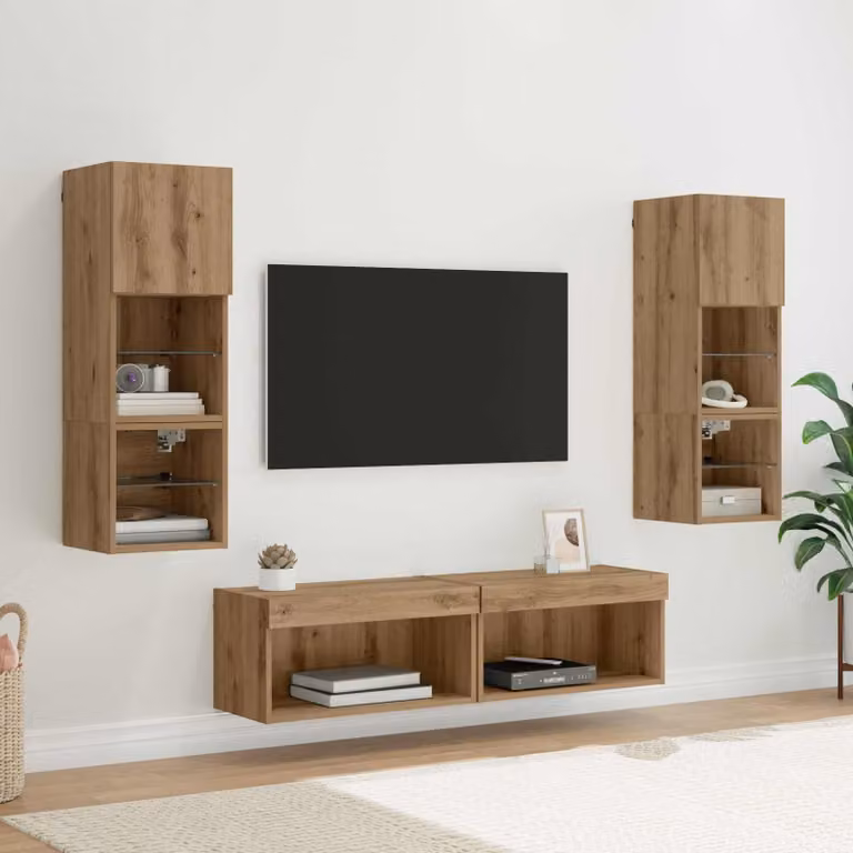 Unità TV da parete vidaXL in 6 pezzi Rovere, design moderno con illuminazione integrata e vani porta media per il tuo soggiorno