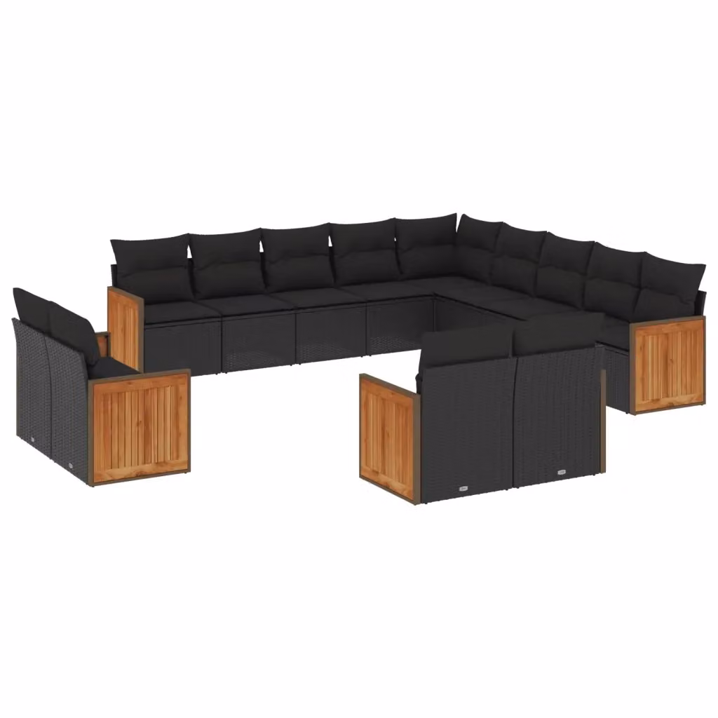 vidaXL Set Divani da Giardino 13pz in Polyrattan Nero con Cuscini e Struttura in Legno di Acacia – 2