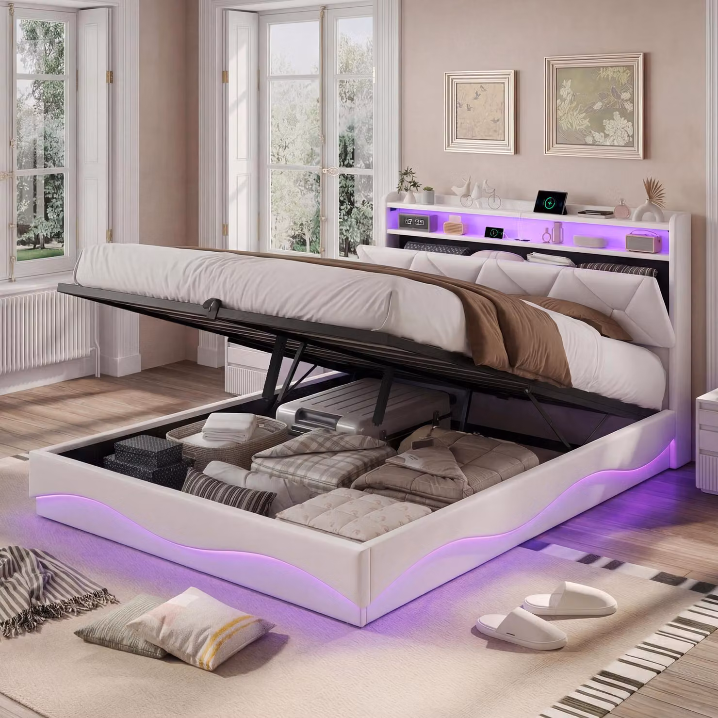 Letto imbottito UnboxG 160x200 cm con funzione di ricarica (USB e Type-C), letto matrimoniale per ragazzi con LED, letto con contenitore, letto boxspring con vano portaoggetti, velluto, grigio