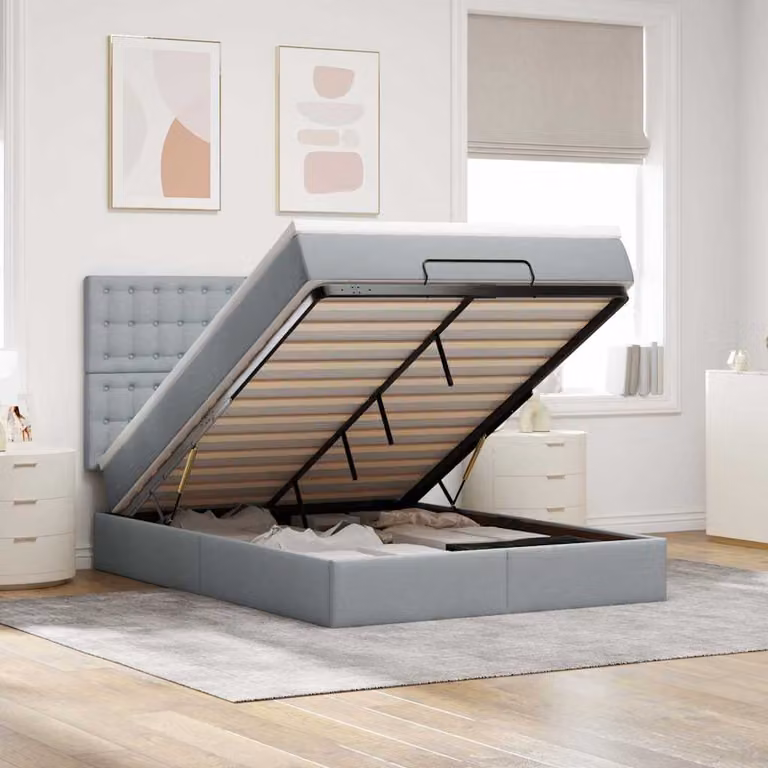 Letto con contenitore a sollevamento e materasso vidaXL in tessuto grigio e bianco L/P/H: 193 x 144 x 140 cm