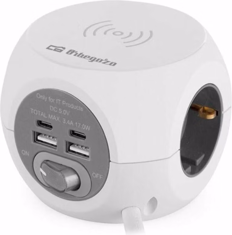 Presa multipla orbegozo en 4500 con ricarica wireless/ 3 prese/ 2 usb a - 2 usb tipo c/ bianco e grigio