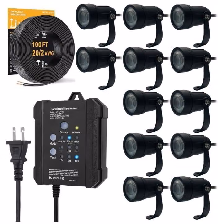 Set di 12 luci da giardino con trasformatore da 65 W e cavo da 30 metri