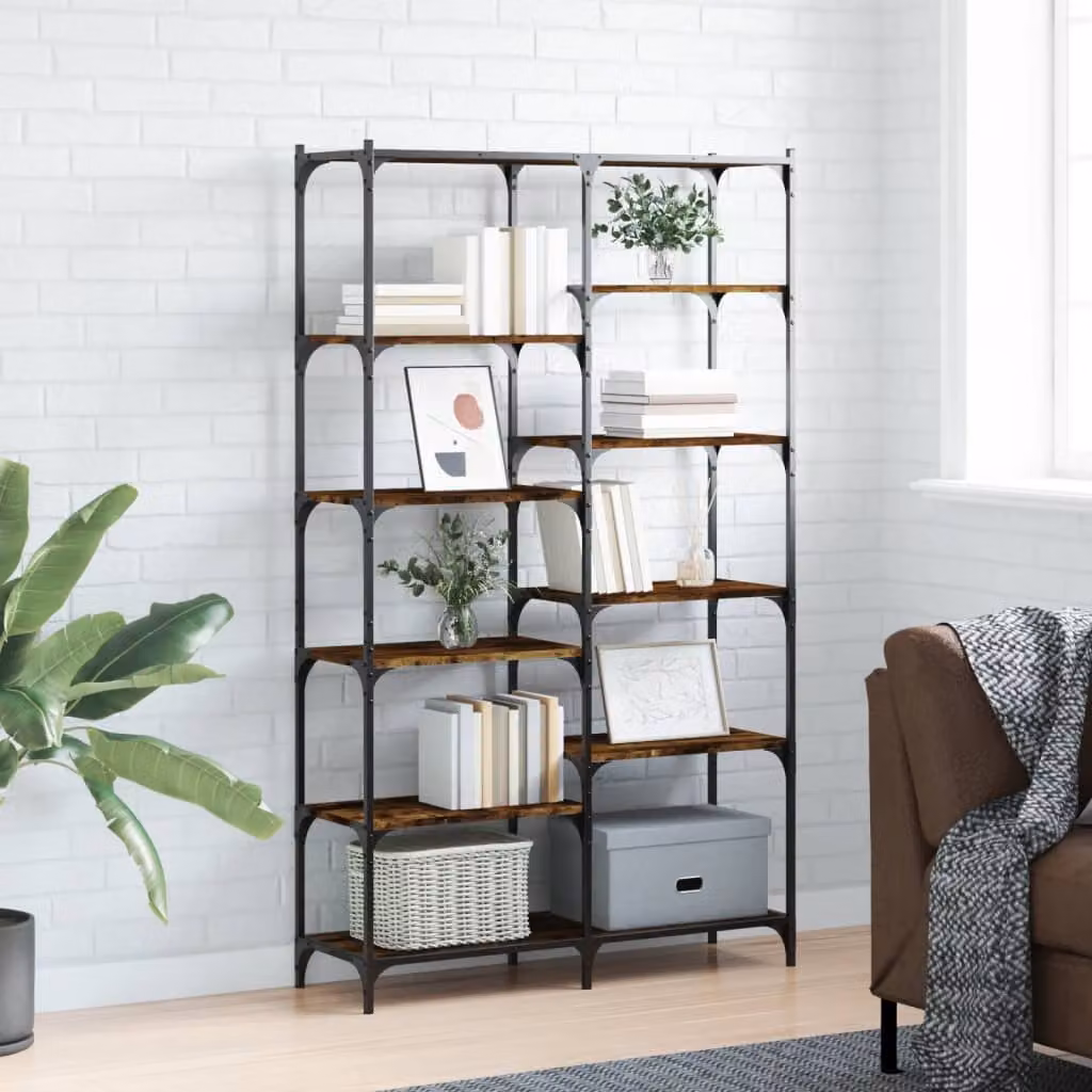 Libreria industrial vidaXL in legno multistrato e ferro, colore rovere fumo, L 100 cm x P 32 cm x H 170 cm