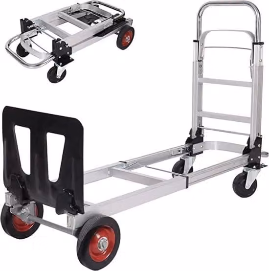 Carrello a piattaforma pieghevole e trasformabile in alluminio color argento con pneumatici, capacità di carico 100 kg