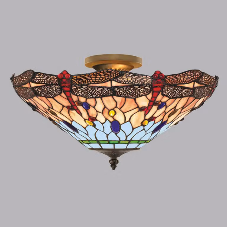 Searchlight Plafoniera Tiffany Dragonfly, dimmerabile, Multicolore, Soggiorno / Sala da pranzo, Vetro, Tiffany, Plafoniera