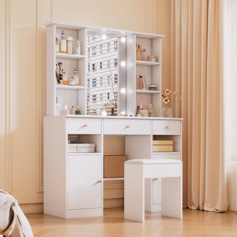 Tavolino da toilette Merax con sgabello, specchio LED, 12 lampadine, luminosità regolabile, tavolo cosmetico, 3 cassetti, 2 ante, 151×110×40 cm, bianco