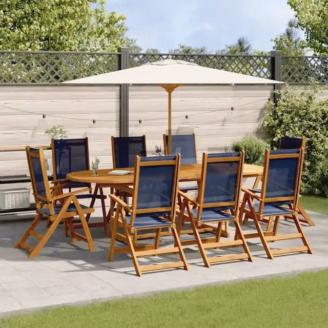 Set da pranzo da giardino vidaXL in legno di acacia oliato e textilene, 9 pezzi, marrone e blu – 1