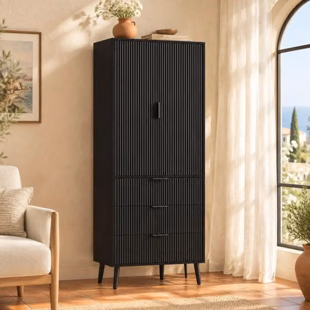 Armadio contenitore 75x35x180 cm con 2 ante e 3 cassetti in MDF nero