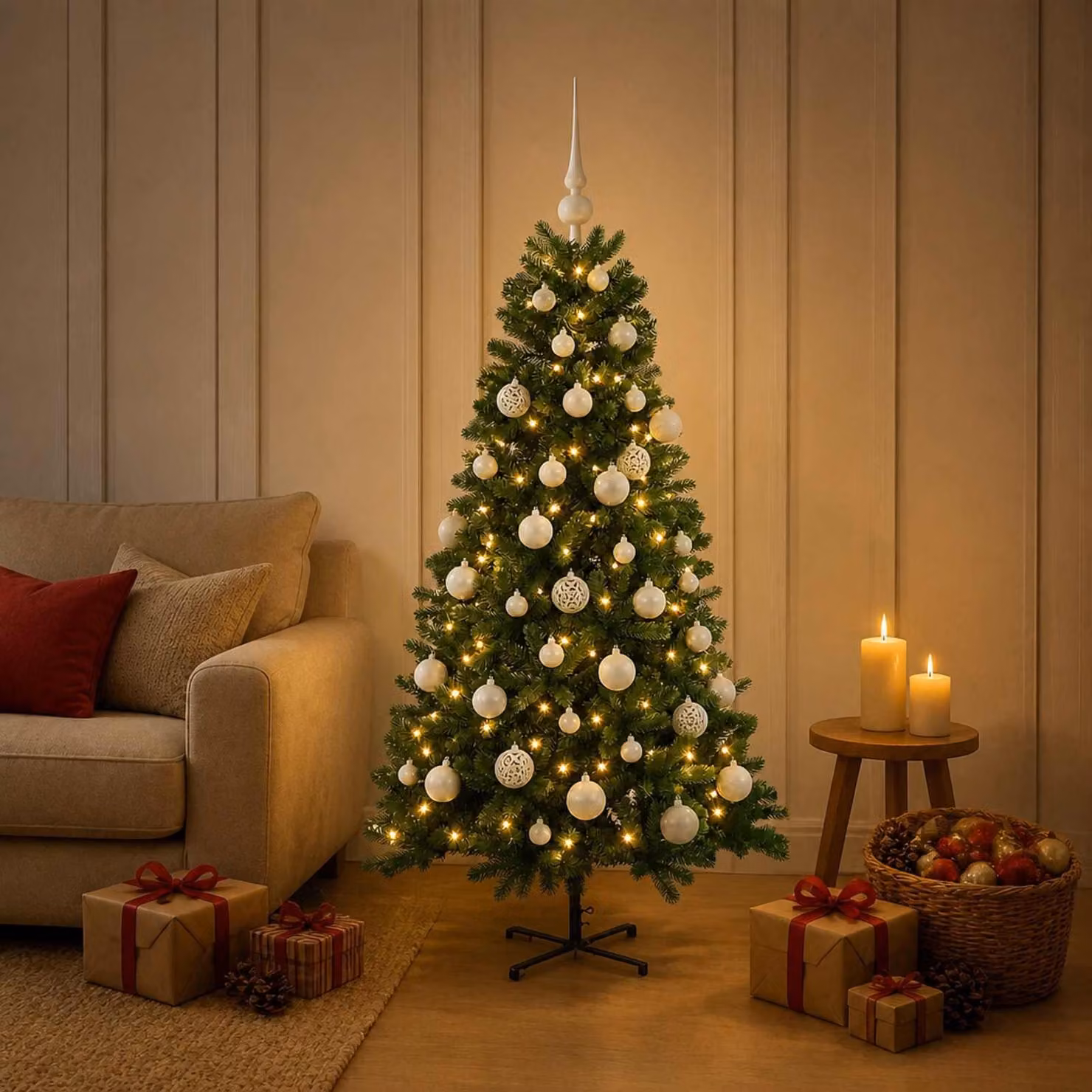 Albero di Natale artificiale con decorazioni a forma di sfera natalizia, altezza 120 cm, con 150 luci a LED