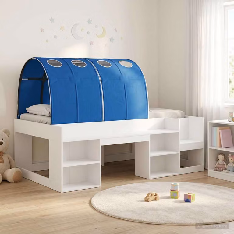 Letto alto singolo per bambini vidaXL con contenitori laterali e scala, Bianco e Blu, L: 203 cm, P: 120 cm, H: 118,5 cm