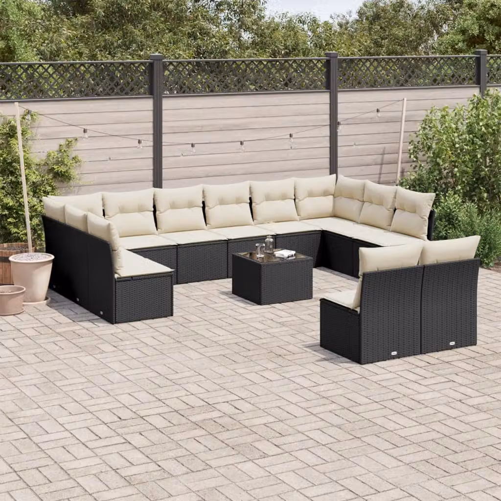Set Divani da Giardino vidaXL 13pz in Polyrattan Nero con Cuscini e Tavolino da Esterno – 1