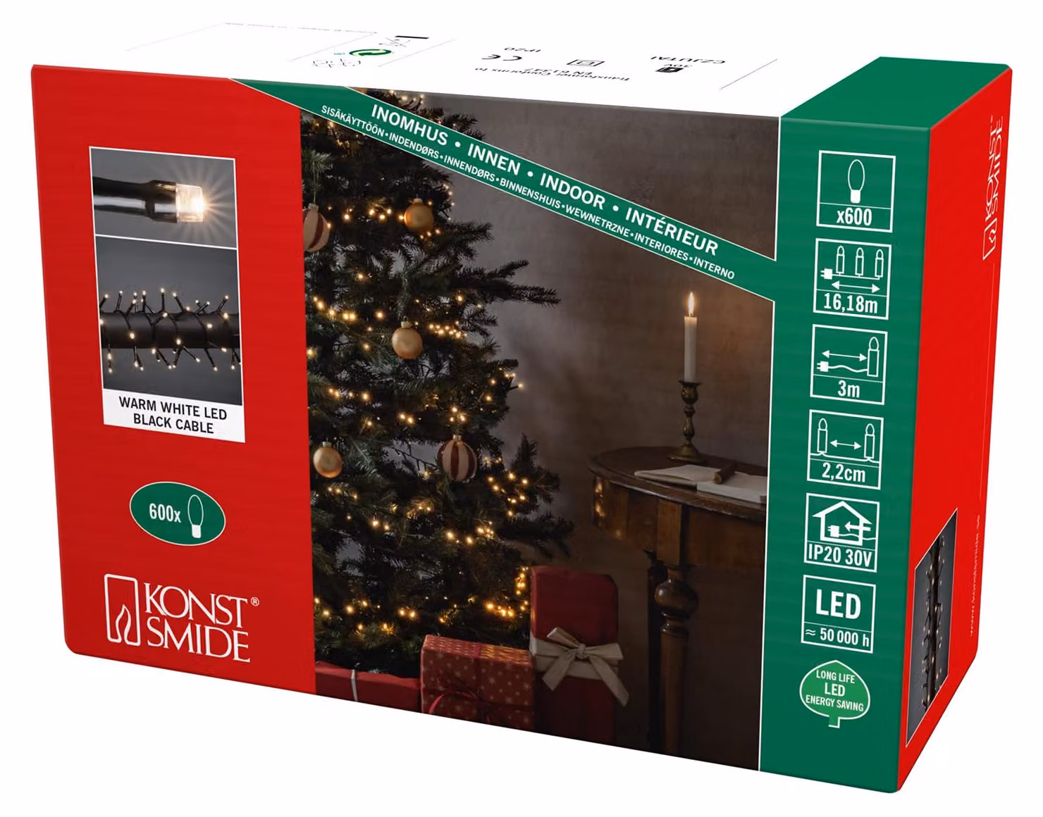 Catena luminosa a micro LED, 600 LED bianco caldo, 6W, colore nero