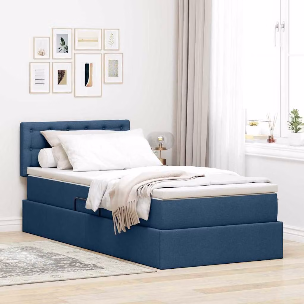 Letto con contenitore e illuminazione LED vidaXL in tessuto blu con porta USB, L 90 x P 200 cm – 1