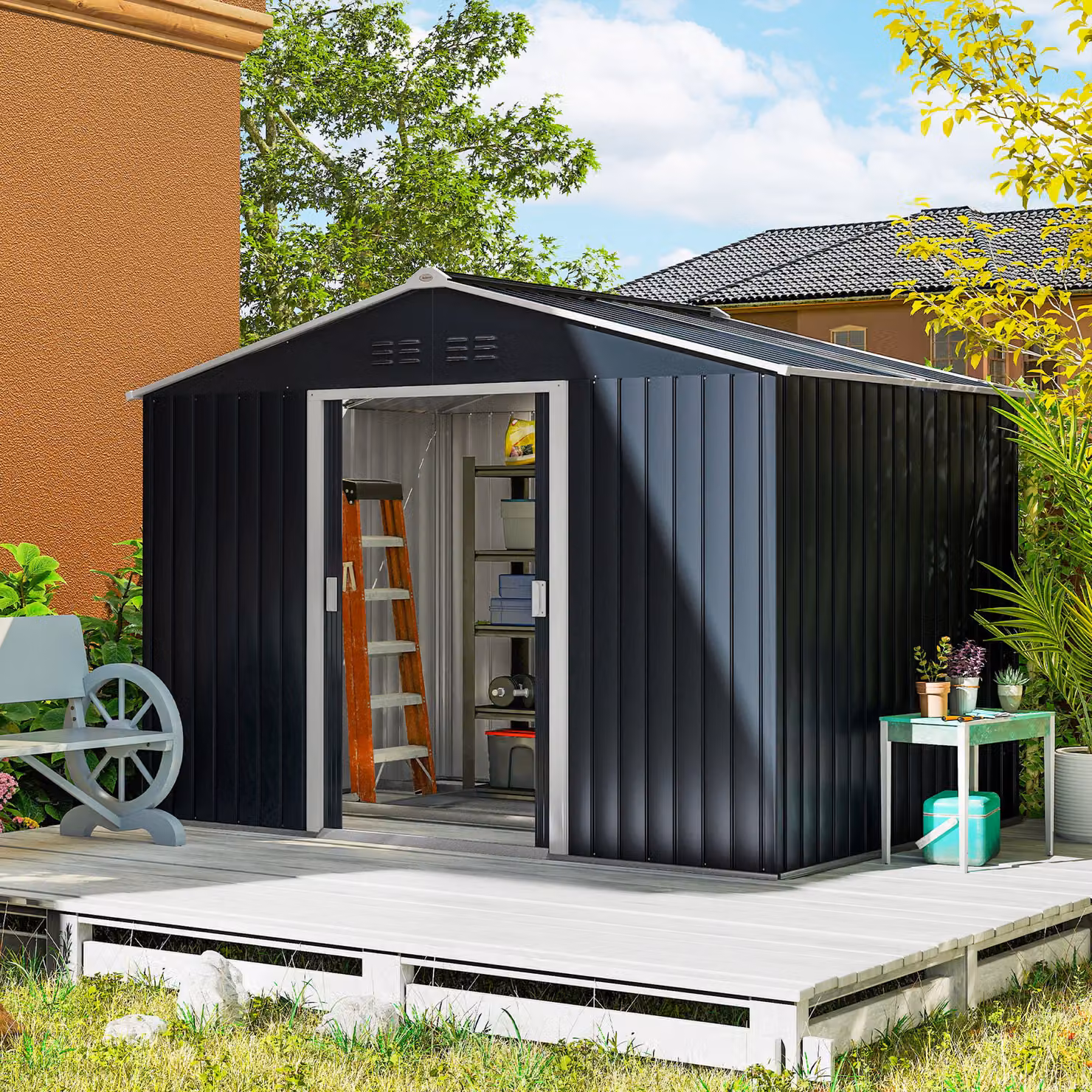 Casetta porta attrezzi Outsunny in acciaio con tetto a spiovente e 2 porte scorrevoli, L: 277 cm, P: 195 cm, H: 192 cm, Grigio scuro – 2