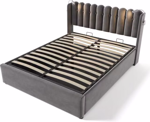Letto matrimoniale imbottito in velluto grigio 140x200 cm con luce da lettura e funzione di ricarica USB, struttura con contenitore e rete a doghe