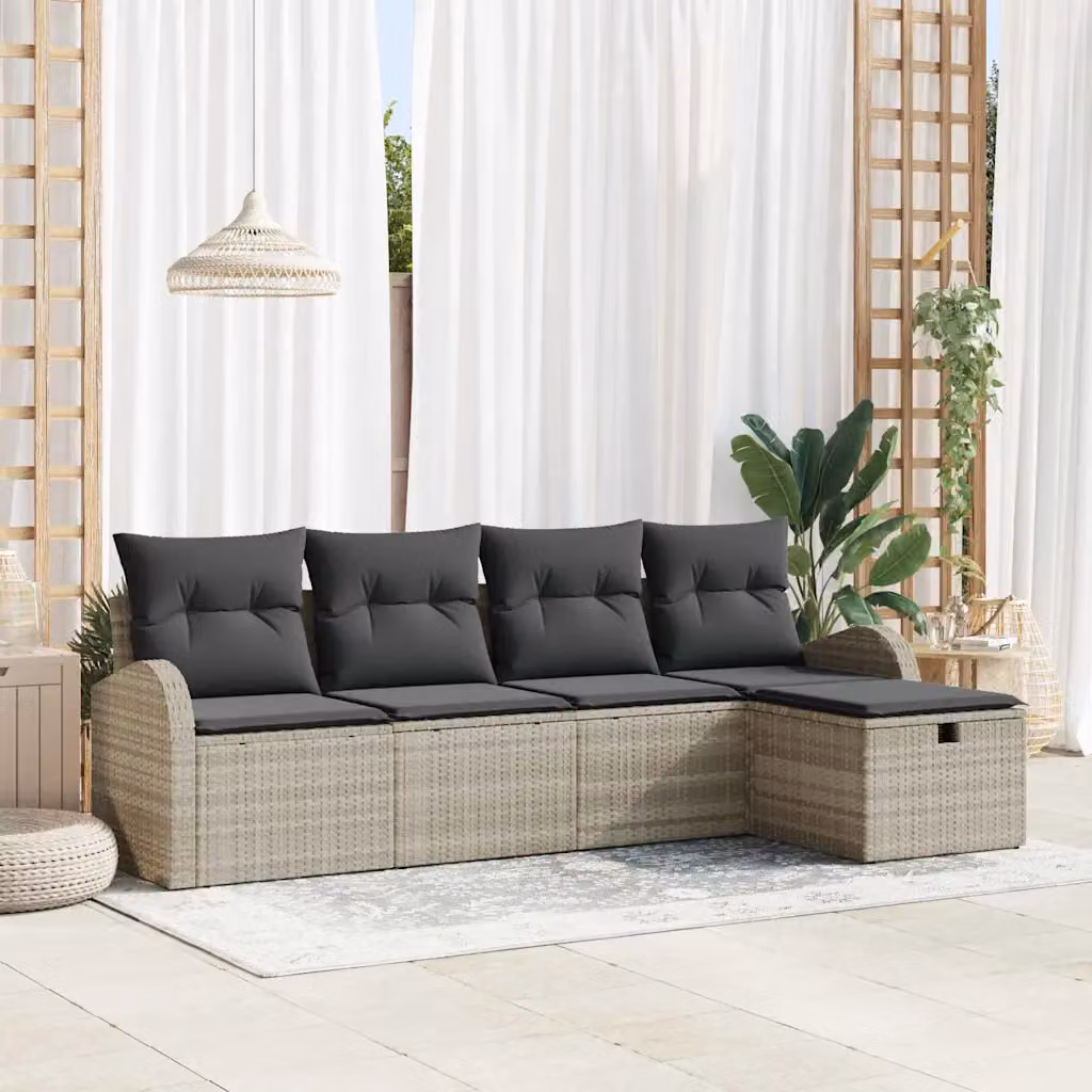 Set Divano da Giardino vidaXL 5 Pezzi a Forma di L Grigio con Cuscini e Tavolino in Polyrattan e Acciaio – 1