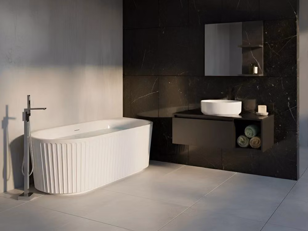 Vasca da bagno ovale moderna BELIANI in acrilico con finitura scanalata bianco opaco L: 80 cm, P: 80 cm, H: 45 cm – 2