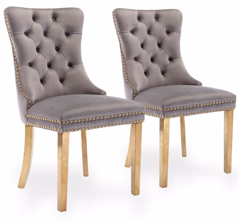 Set di 2 poltrone da pranzo in velluto, con schienale alto e struttura in legno rivestita di gomma dorata, colore grigio
