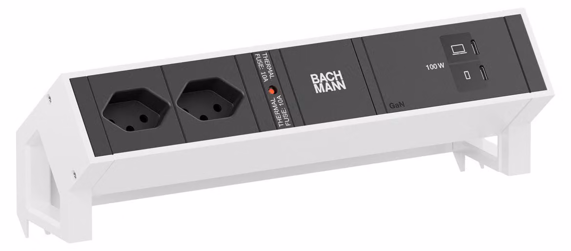 BACHMANN DESK2 2xCH 90° 1xUSB C/C 100 W, L=0,2 m RAL9010