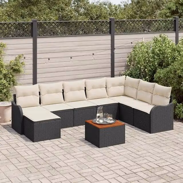 Set Divano da Giardino 9 pz Nero e Crema polyrattan 3356157