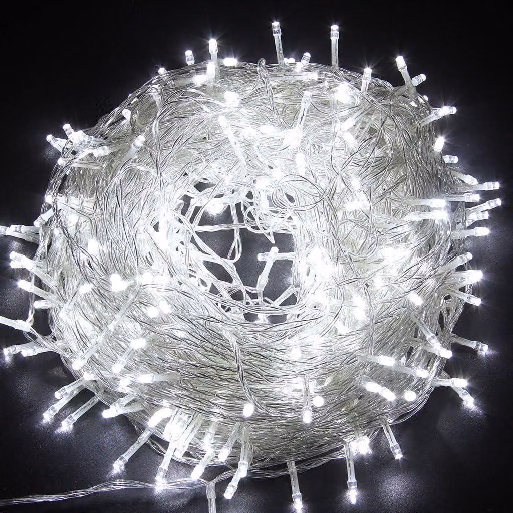 Catena luminosa a LED, 100 luci, 10 metri, luce bianca fredda, 8 modalità, timer, grado di protezione IP44, alimentazione a corrente