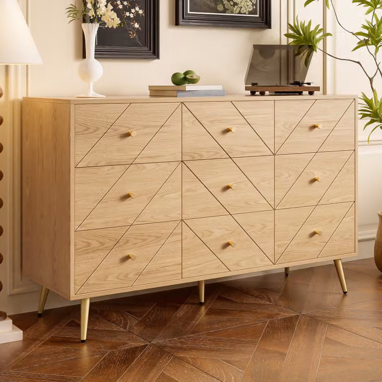 Cassettiera Merax 120x39x80cm con gambe in ferro, credenza con 9 cassetti moderni, motivo geometrico e pomelli, contenitore versatile, colore legno