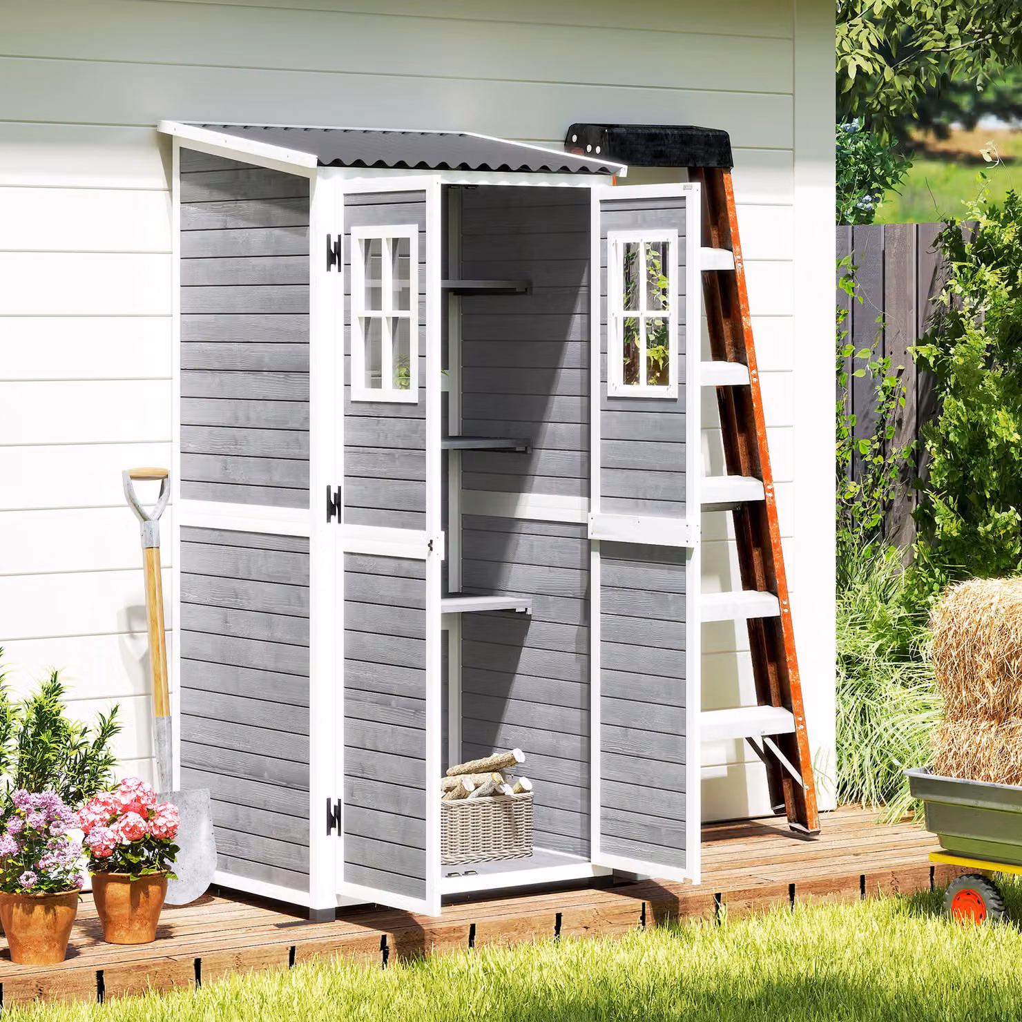 Casetta da Giardino Outsunny in Legno Grigio con Ripiani Regolabili, Finestre e Porte con Blocco per Armadio Porta Attrezzi da Esterno – 2