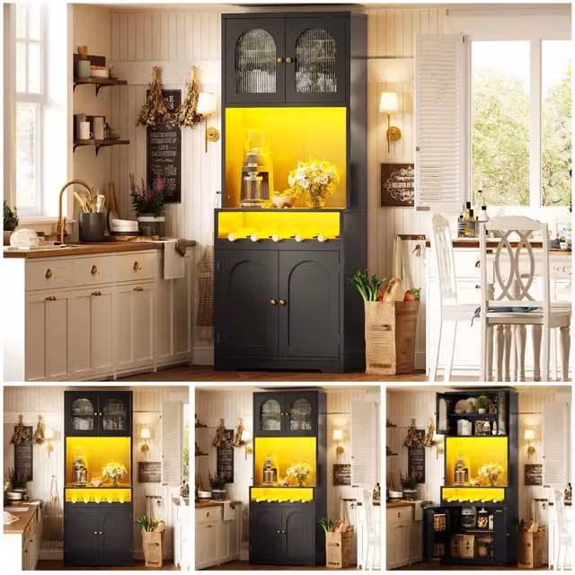 Credenza alta 180 cm nera, ante vetro bombate, LED RGB app, mensola vini, ripiani regolabili, dispositivo anti-ribaltamento