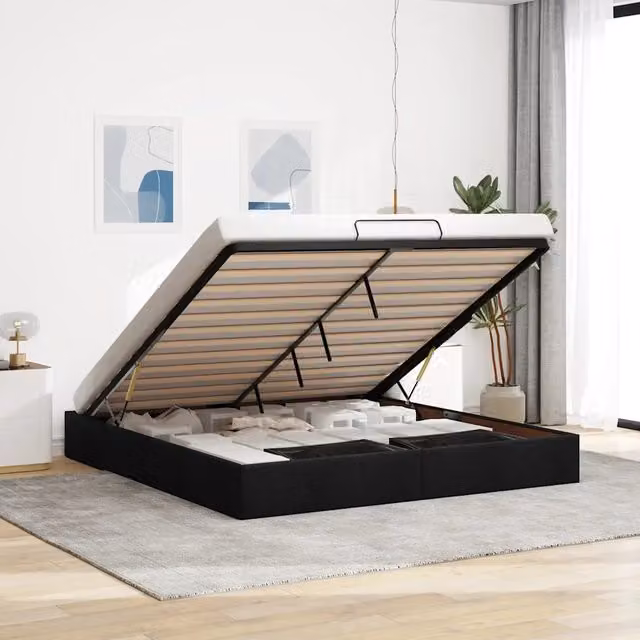 Struttura Letto Pouf senza Materasso-Giroletto con contenitore Nero 160x200 cm in Tessuto