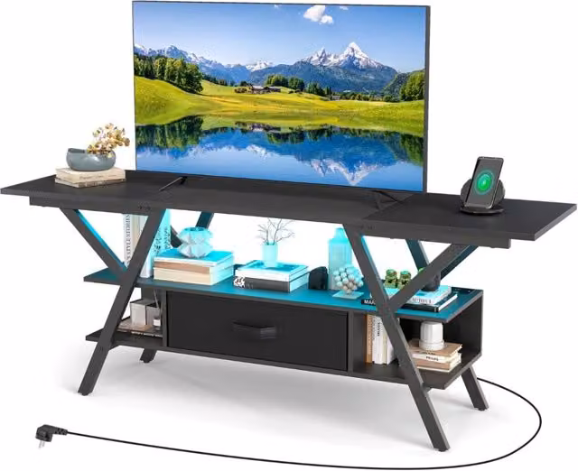 Mobile porta TV Design Mania in stile industrial con luci LED e prese integrate, Nero, L: 140 cm, P: 40 cm, H: 54 cm