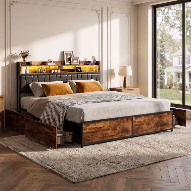 Letto contenitore 180x200 cm, letto con spazio contenitore, 4 cassetti, letto imbottito con LED e USB, struttura del letto matrimoniale con rete a doghe, letto per ragazzi, colore nero, materiale: PU