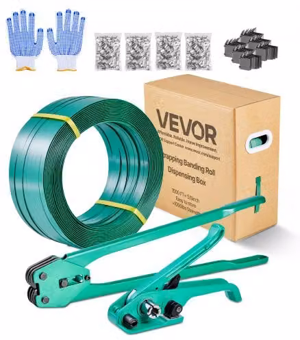 VEVOR Set di Reggiatura per Cinghie in Plastica Verde con Rotolo di Reggetta in PET da 457 m, Kit di Reggiatrice Manuale con 450 Sigilli Metallici, 150 Protezioni Angolari e Guanti