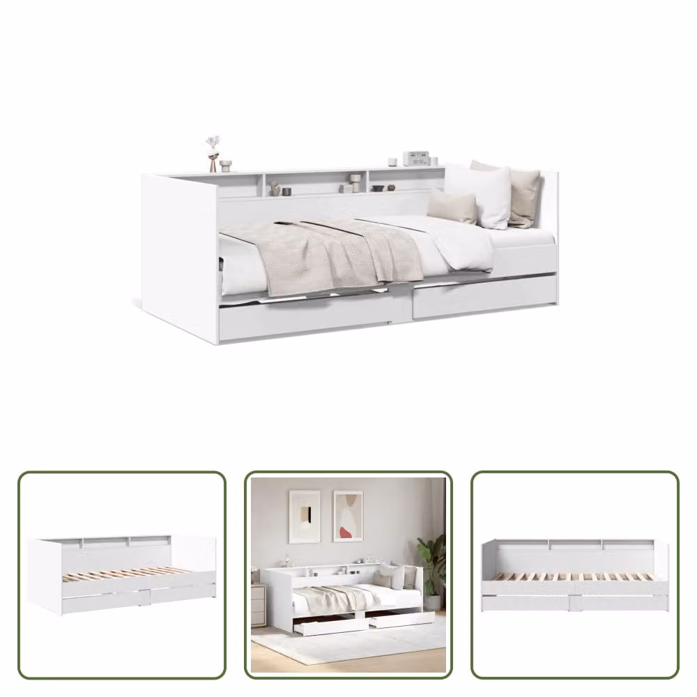 The Living Store Letto da giorno con cassetti Bianco 75x190 cm Materiale a base di legno