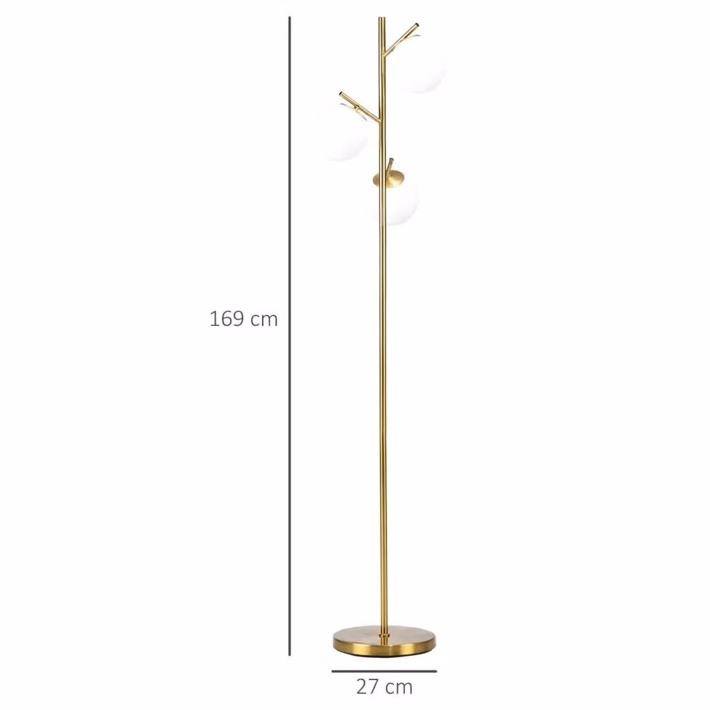 Lampada da terra moderna WISHDOR in metallo oro/ottone con 3 diffusori a sfera in vetro trasparente, Altezza: 169 cm, attacco E27 – 2