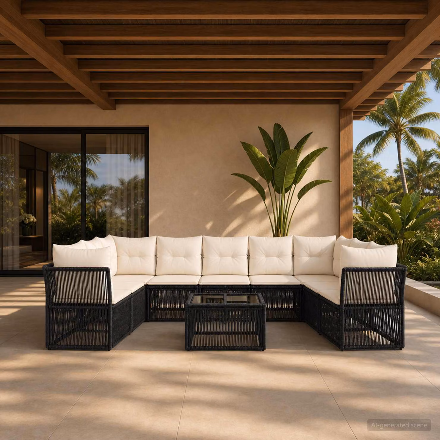 Set Divano da Giardino vidaXL a forma a U in Polyrattan Nero con Tavolino e Cuscini
