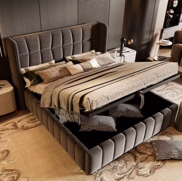 Letto contenitore 180x200 cm in tessuto grigio con rete, salvaspazio, senza materasso –