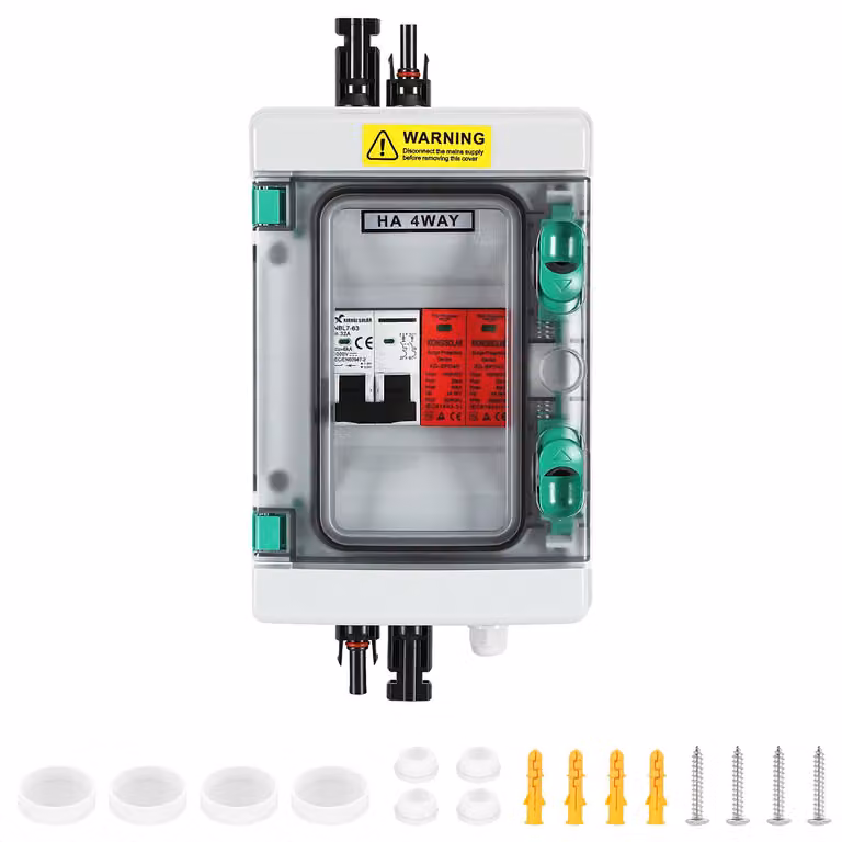 Scatola di connessione solare Ikodm, 1 stringa DC, 1000V, 32A, protezione contro le sovratensioni, grado di protezione IP65, per impianti fotovoltaici, con 4 moduli e connettori solari