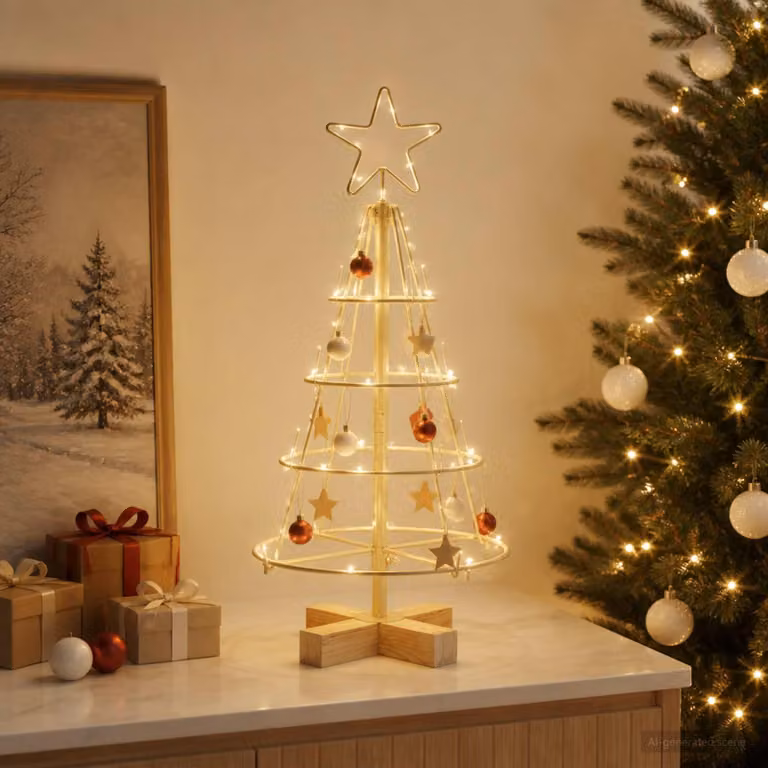 Albero di Natale in metallo con base, modello KUOPIO, 60 cm, acciaio dorato
