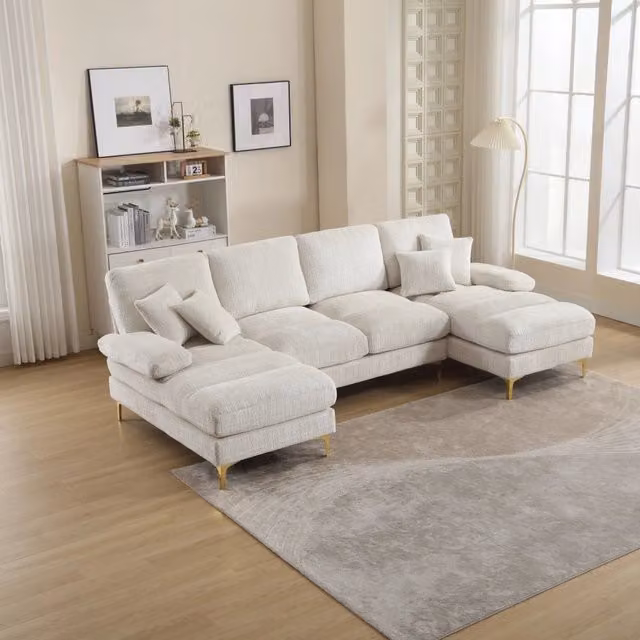 Divano a U in ciniglia con doppia chaise longue cuscini schienale e piedi in metallo dorato beige 272 × 136 × 88 cm