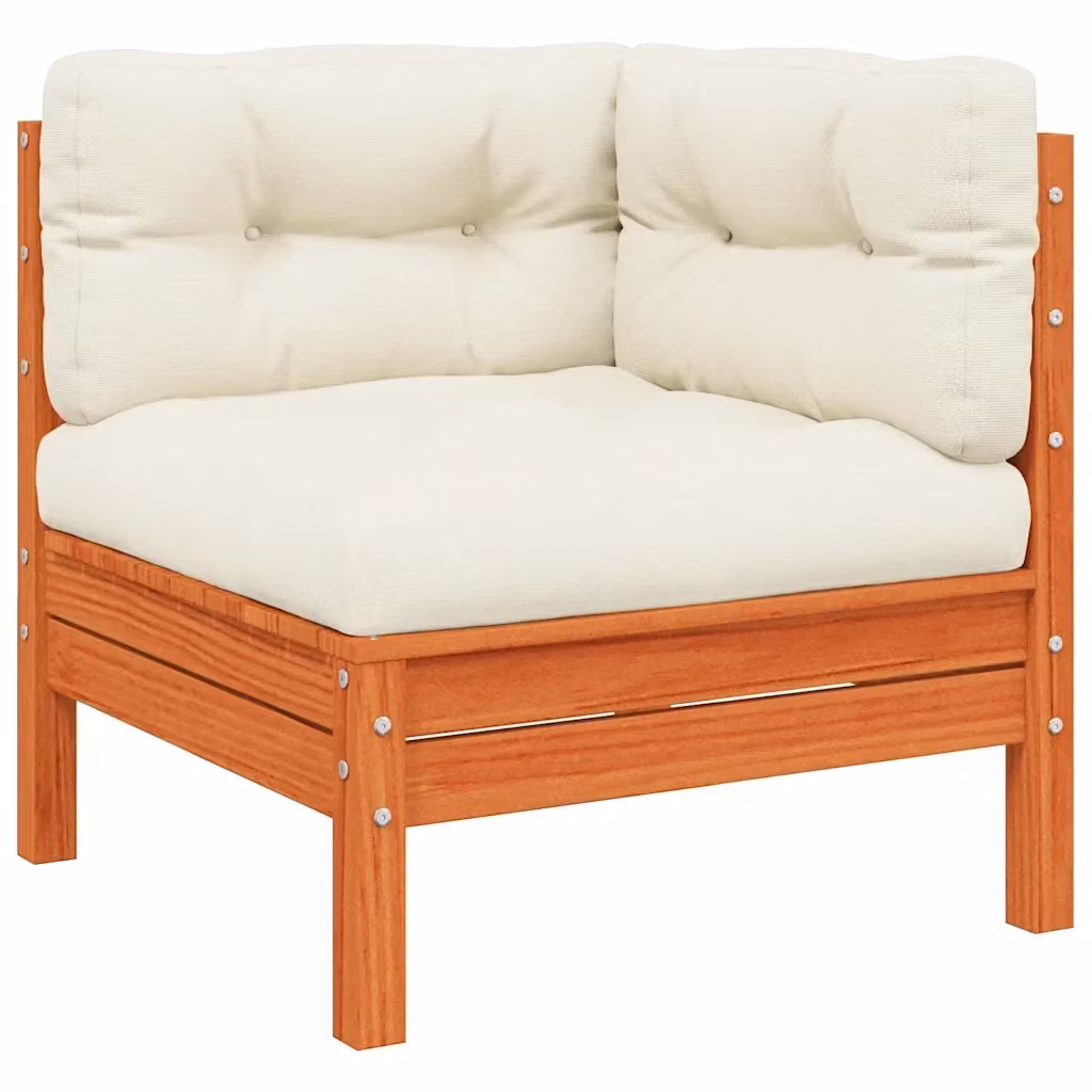 Divano angolare da giardino componibile in legno di pino massello cerato marrone con cuscini beige – 2