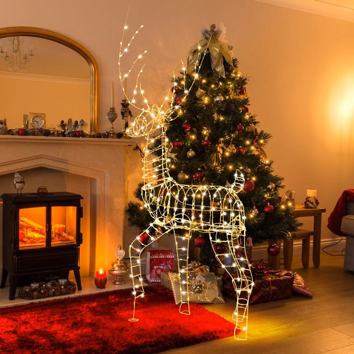 Costway Renna di Natale pre-illuminata da 186cm, Decorazione 3D a forma di cervo maschio con 300 luci led bianco caldo